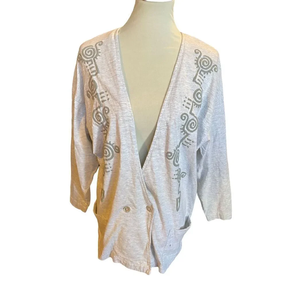 SHoK 80’s Light Gray Button Front Tribal Design Cardigan Jacket/Blazer Size XL-V
